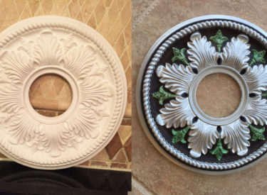 Before and after of ceiling medallion painted with metallics