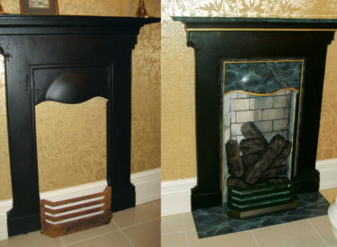 Trompe l’oeil and faux marble transformation of fireplace surround