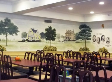 Panoramic historical mural in sorority formal dining room