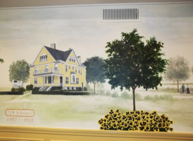 Detail of historical mural in sorority formal dining room