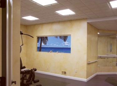Exercise room mural side wall with faux finish olde-world drift