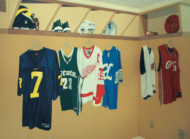 Youth bedroom trompe l’oeil mural of locker room, jerseys and equipment