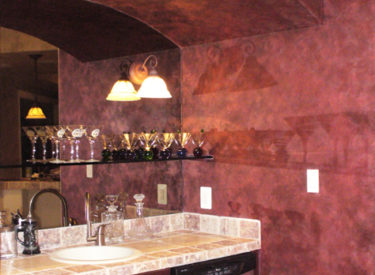 Entertainment area with metallic lusterstone faux finish
